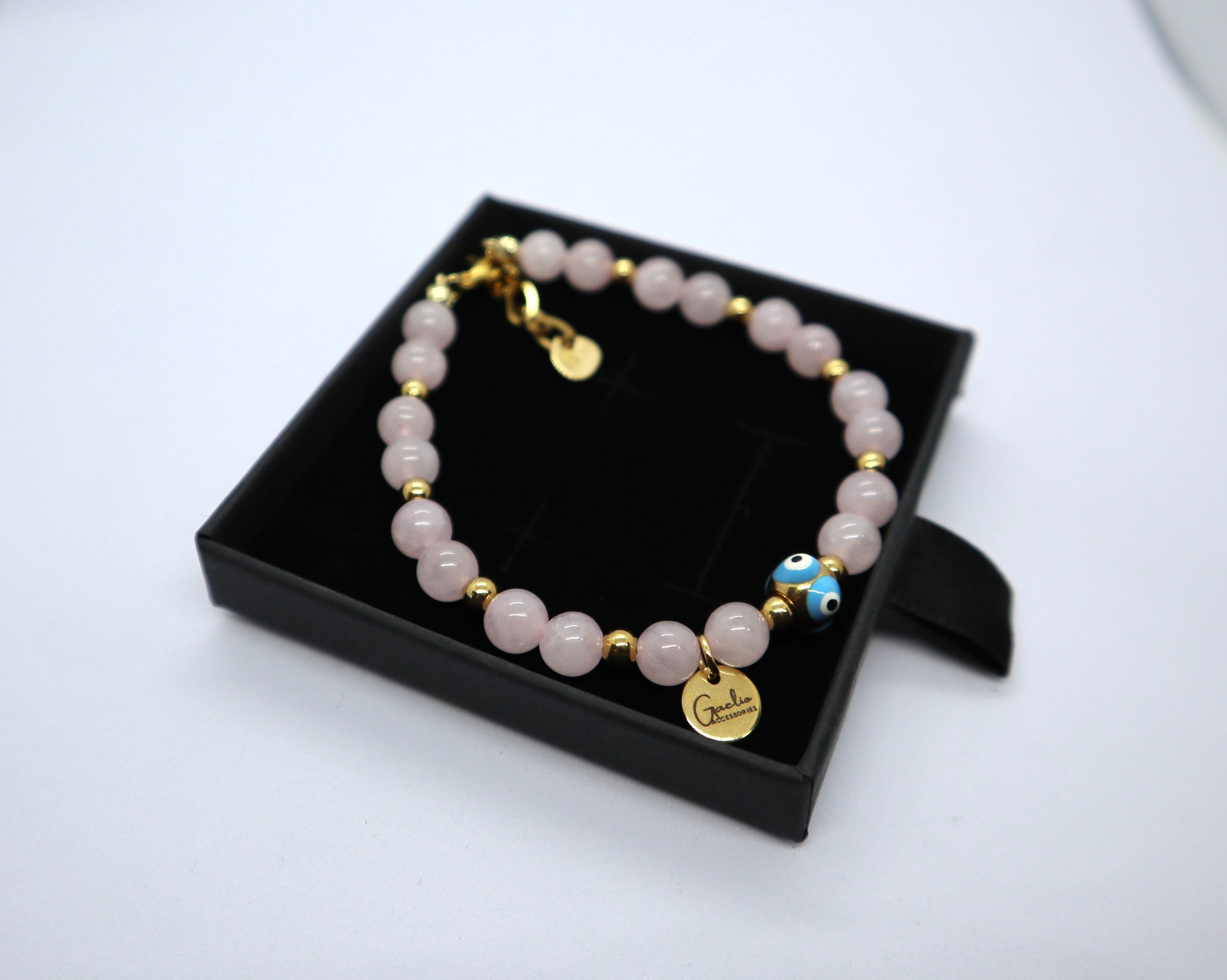 Pink Rose Quartz Bracelet with Evil Eye Charm