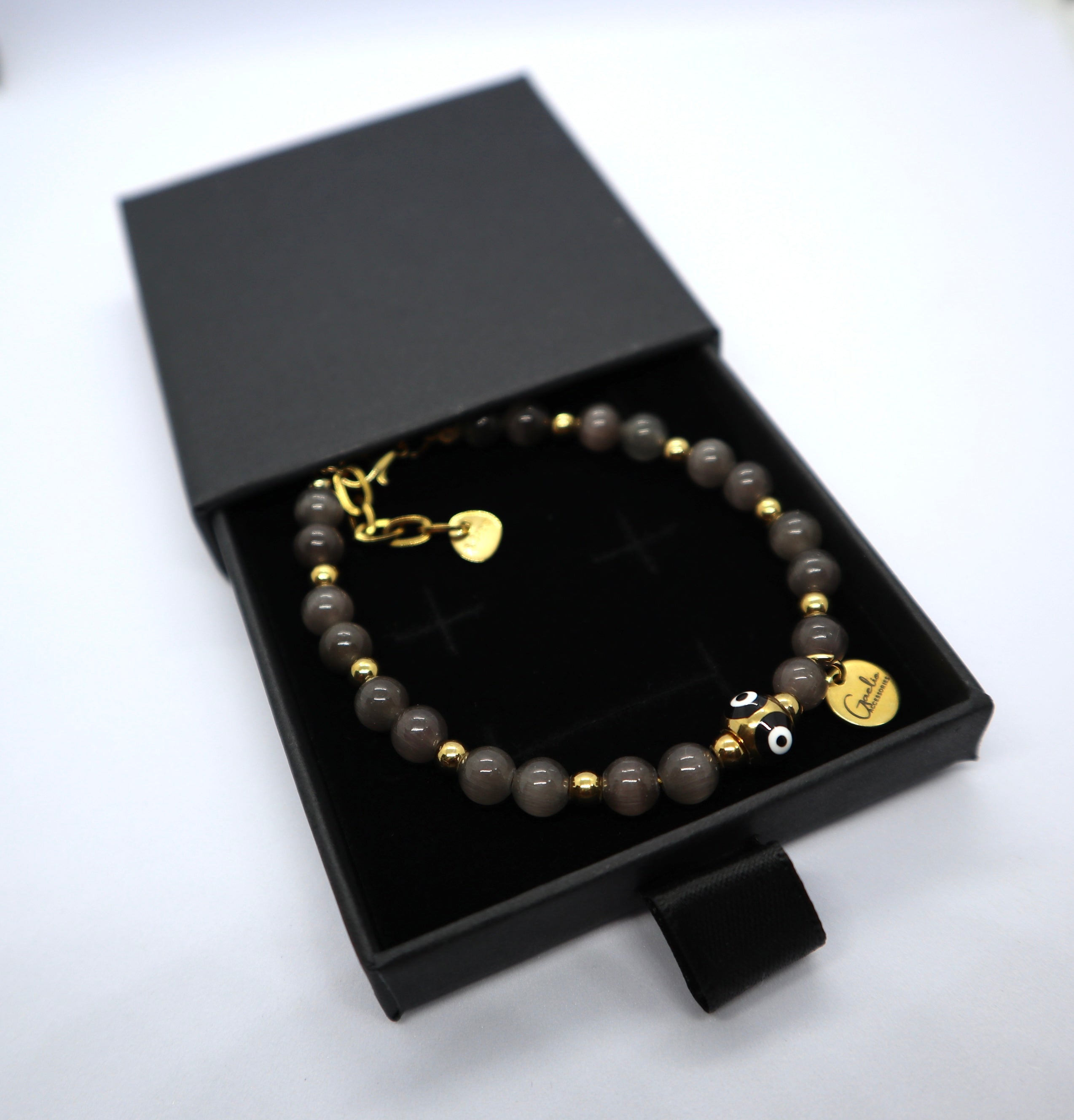 Gray Cat Eye Stone Bracelet with Evil Eye Charm